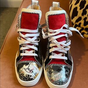 100% Authentic Christian Louboutin Red and Black Artistic High-Top Sneakers